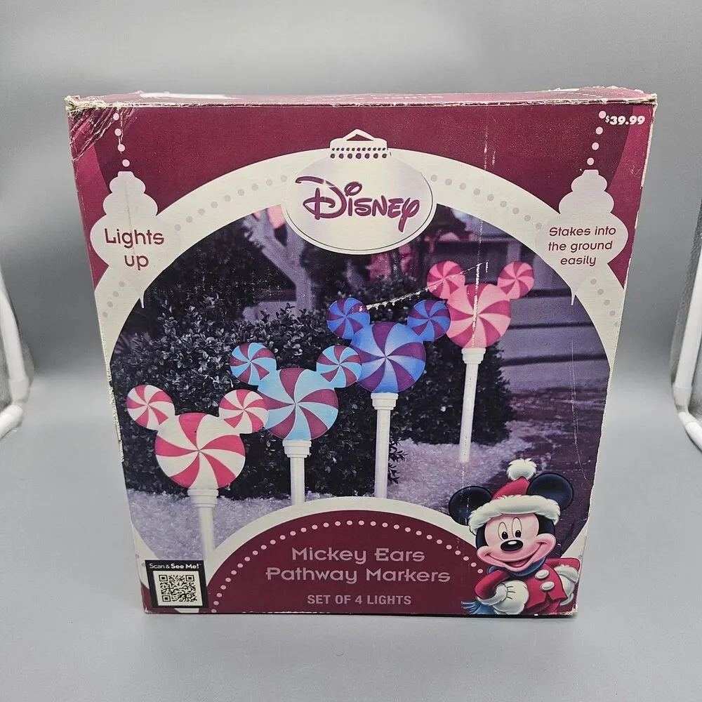 Disney Holiday Mickey Mouse Ears Color Motion Set Of 4 Pathway Lights NOB